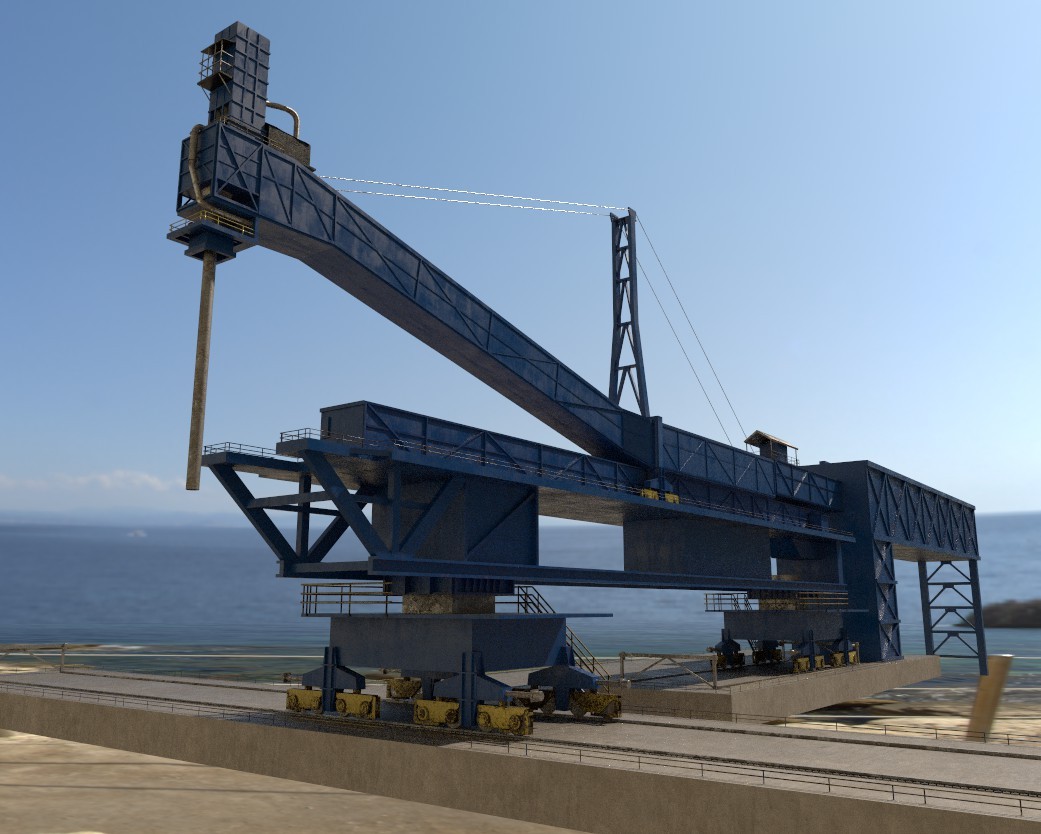 Render de una grúa portuaria junto al mar
