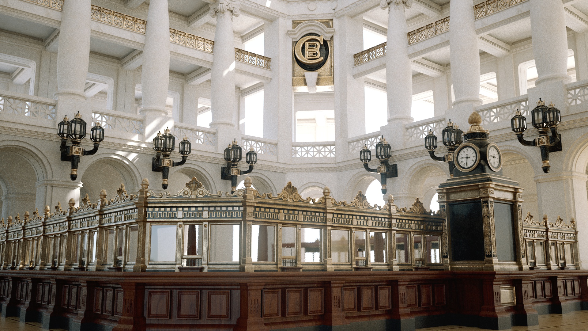 Render del interior de un banco antiguo con columnas y relojes