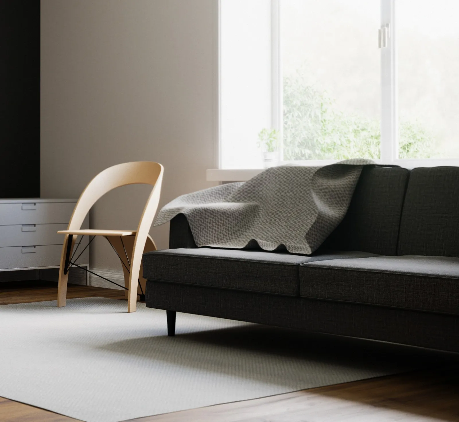 Render de un living con sofá gris y una silla de madera curvada