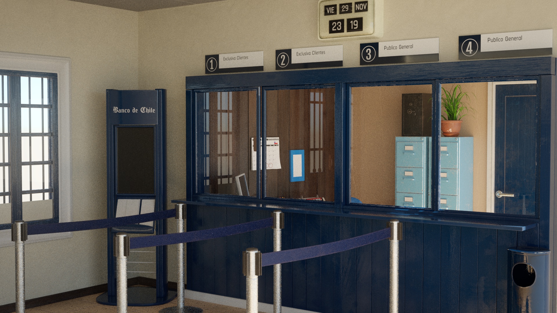 Render de las cajas de atención de un banco antiguo